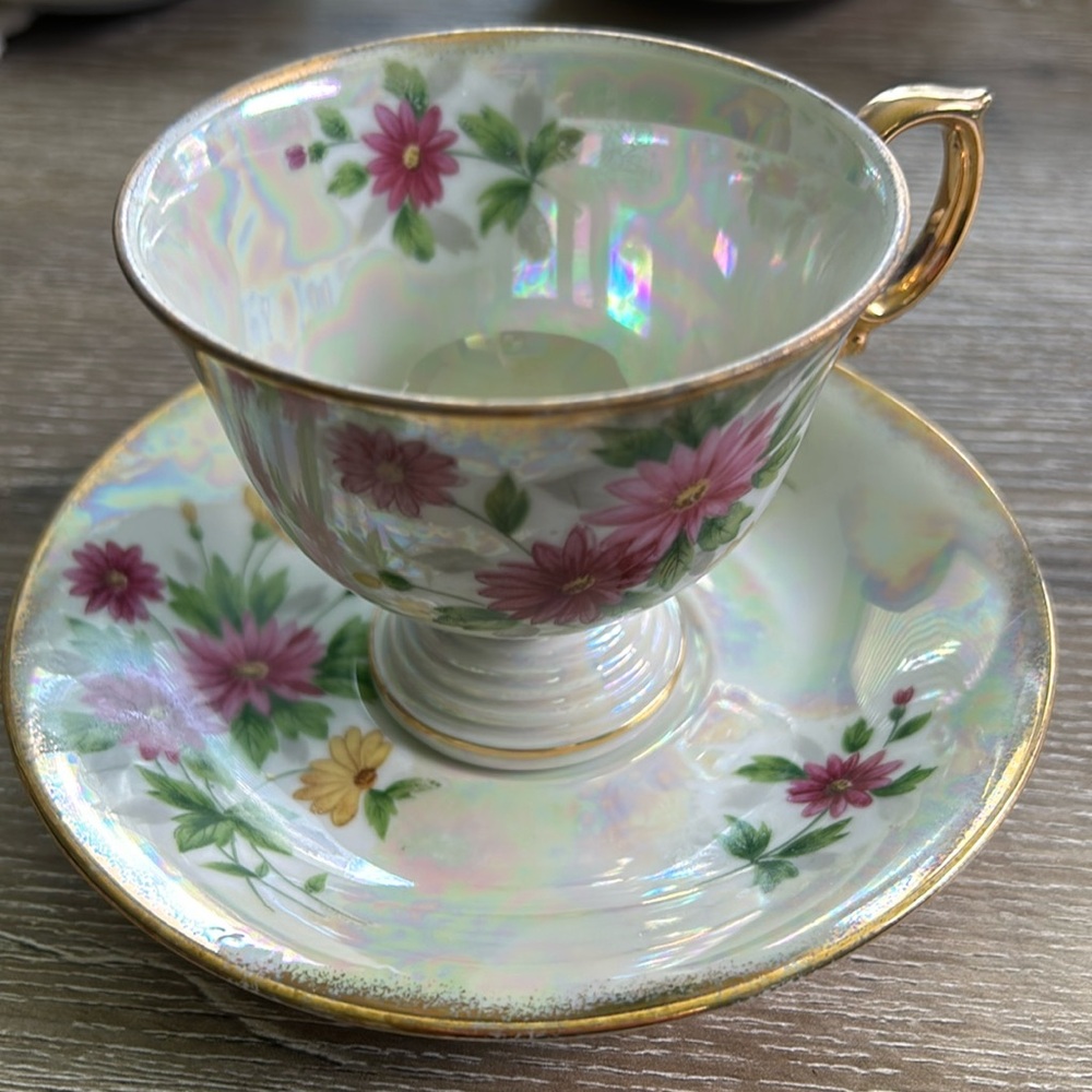 Vintage Japan China Flower of the Month, September “Aster” footed tea cup/saucer